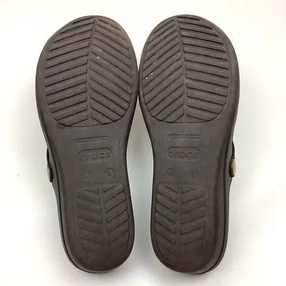 Crocs Sanrah Brown Gold Circle Accent Flip Flop Thong Sandals Women 9 Low Wedge - Picture 6 of 14